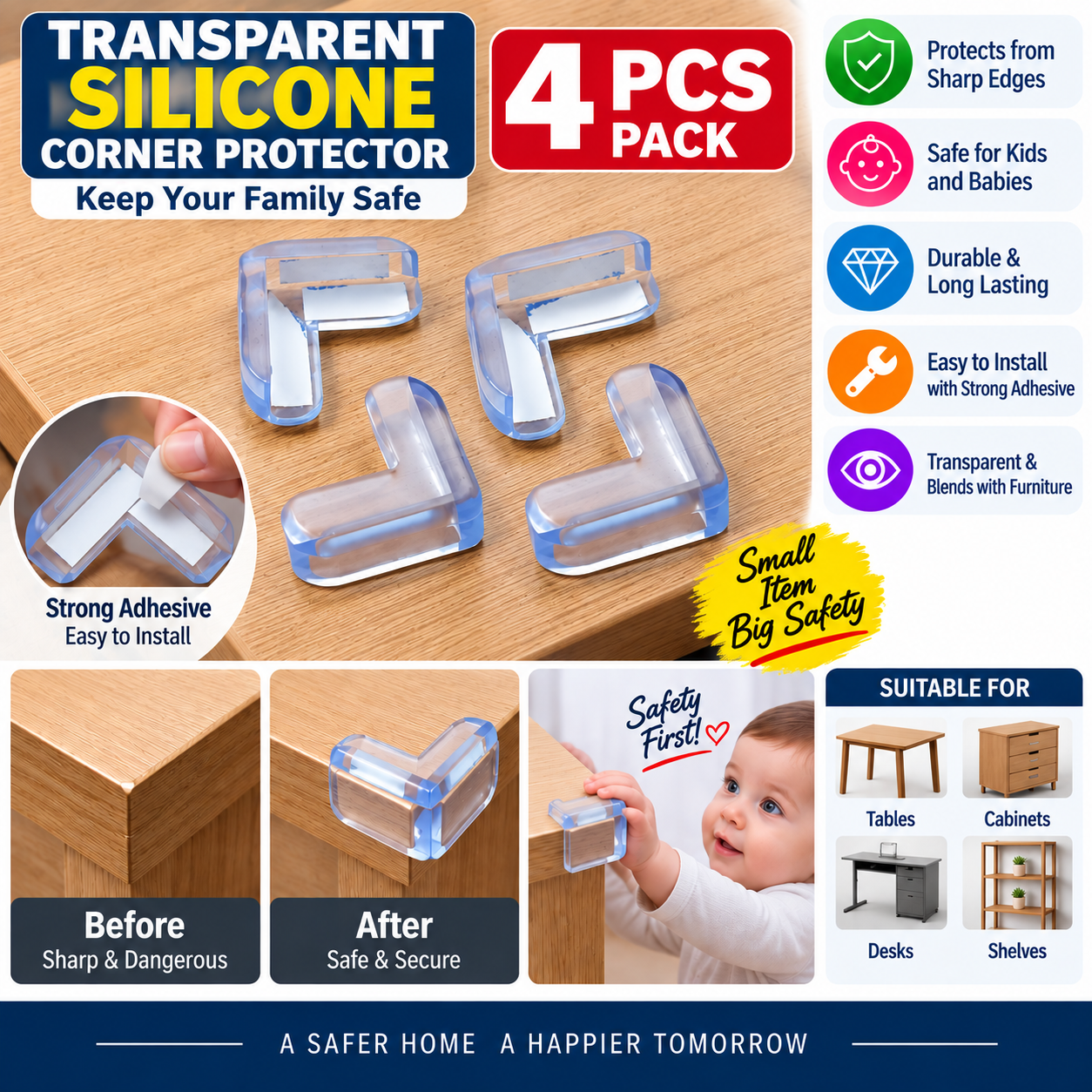 Transparent Silicone Table Corner Protector | Baby Safety Corner Guard for Table, Desk & Furniture | Multiple Packs
