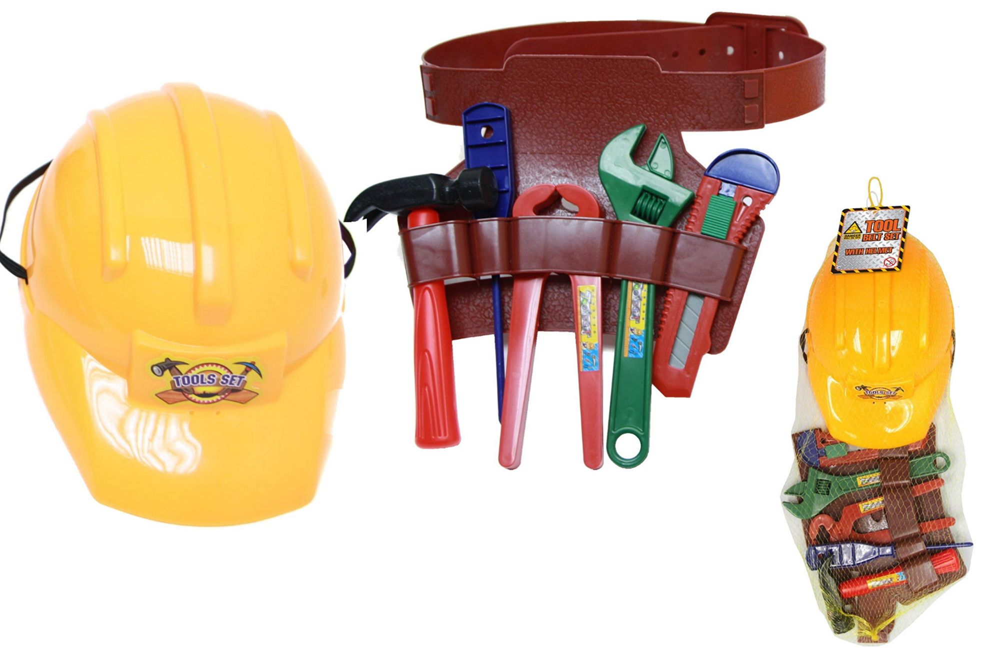 Kids Play Pretend Dress Up Construction Helmet with Tool Belt and Toy Toolkit | Kids Toys | Builder Fancy Dress