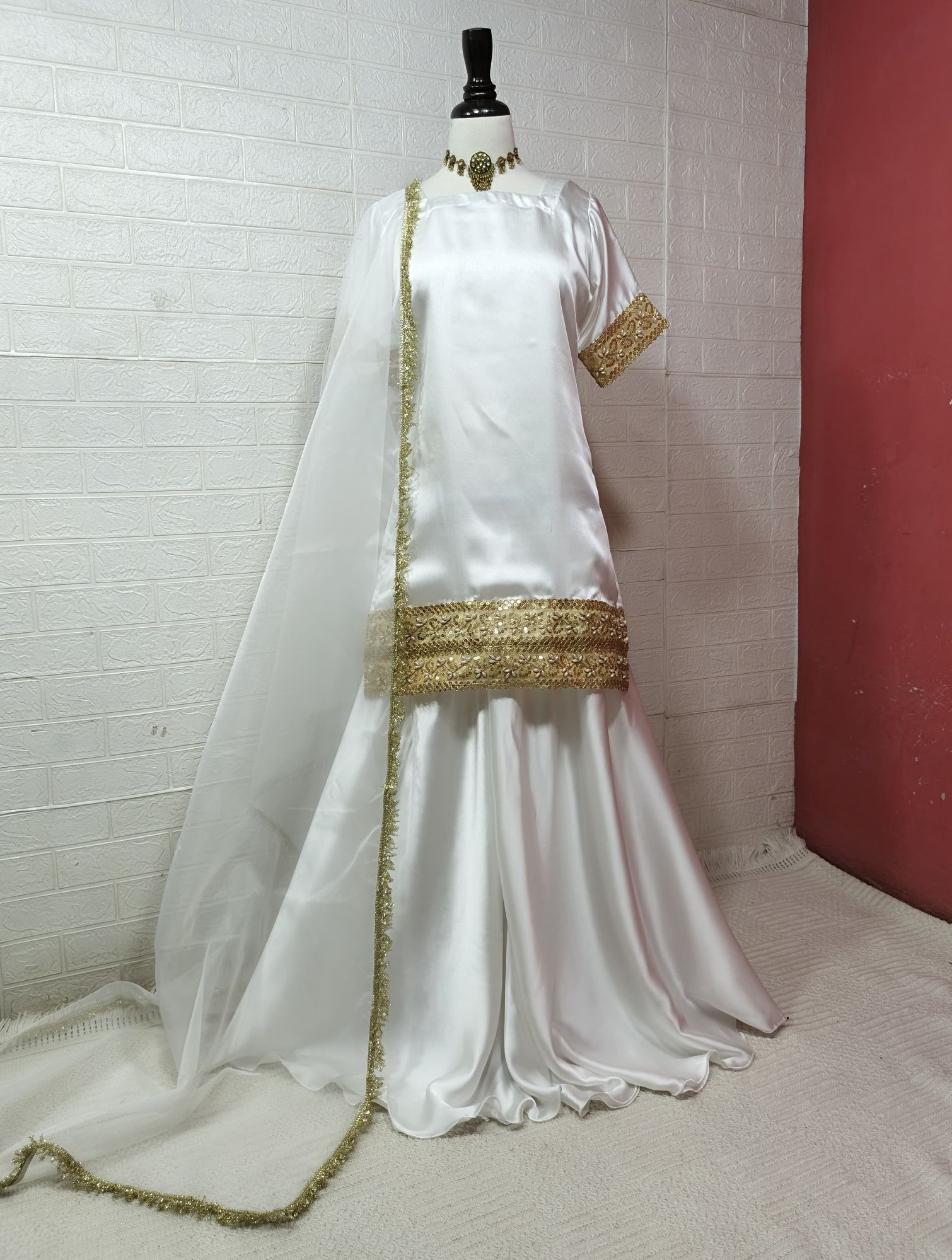 trending sharara shirt fashion style on Russian silk fancy collection on 3 piece suit for girls