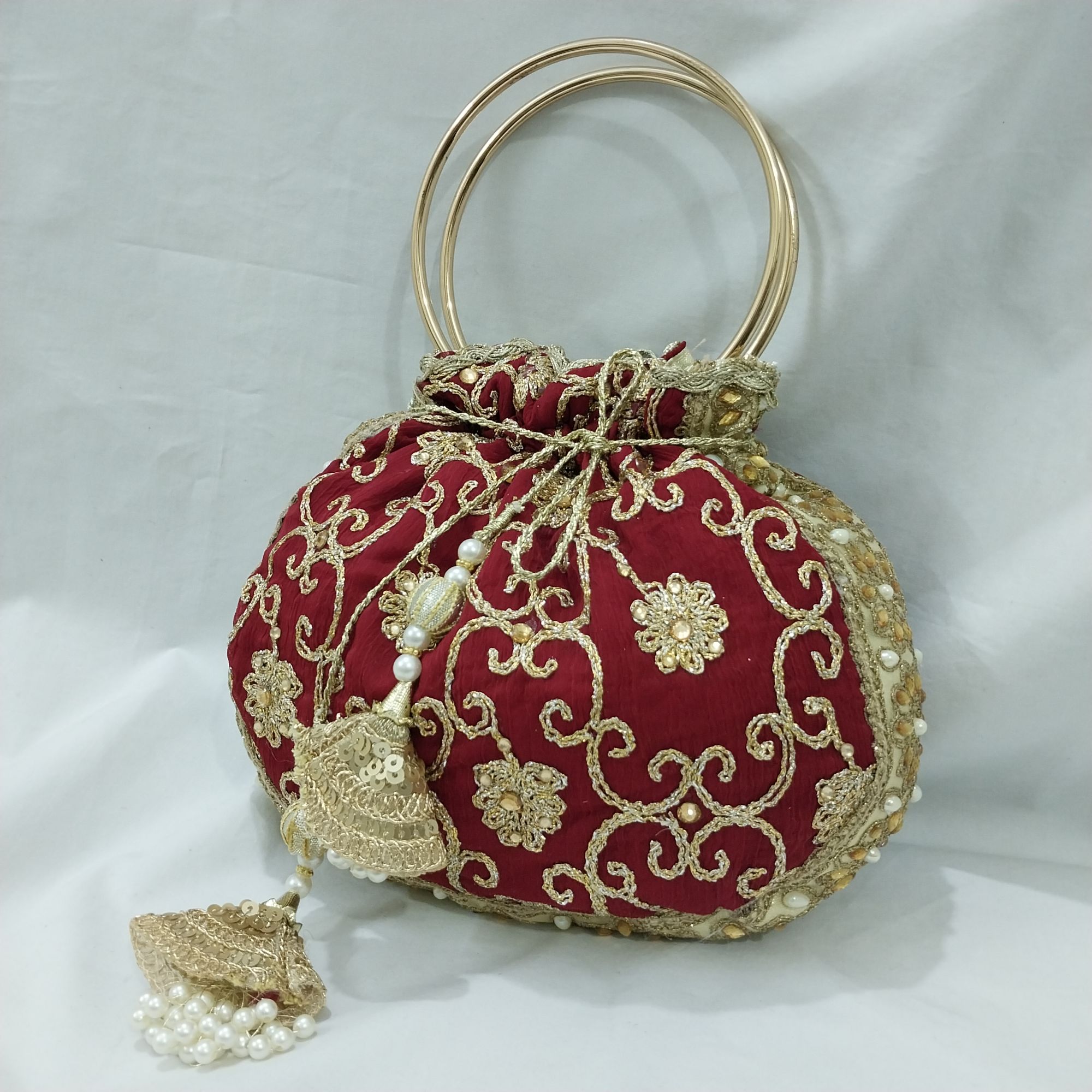 Bridal Potli Bag Embroidered Red Chiffon Purse with Golden Sequin, Round  Metal Handle, Wedding Accessory