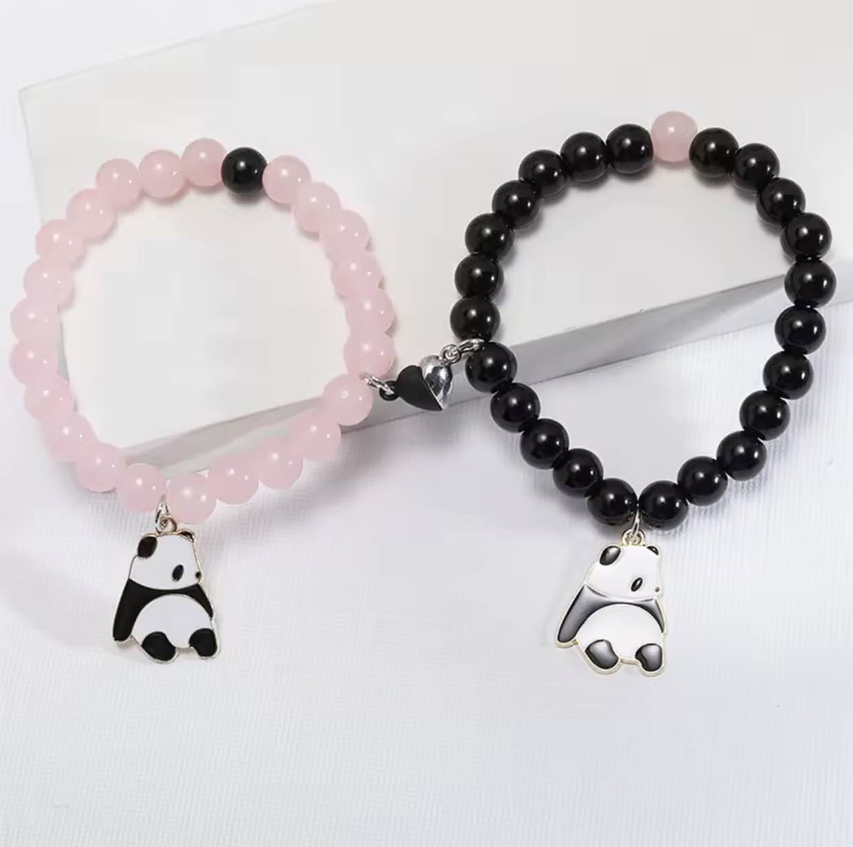 2pcs/set Cute Panda Charms Bracelet Black Pink Glass Crystal Beads Bracelet Set Handmade Hand String Women Summer Fashion Jewelry