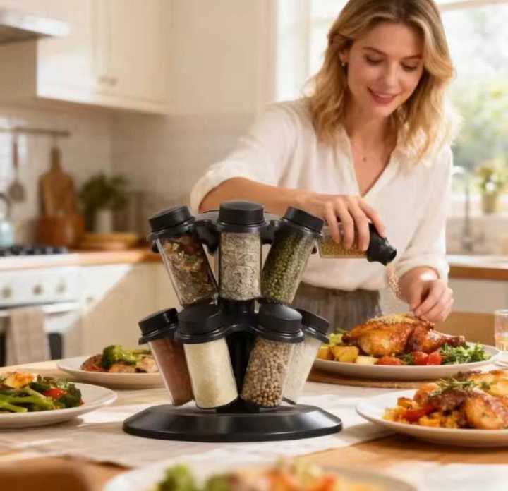 12-Piece 360° Rotating Double Layer Spice Rack with Glass Jars – Revolving Masala Container Carousel Organizer for Kitchen Countertop
