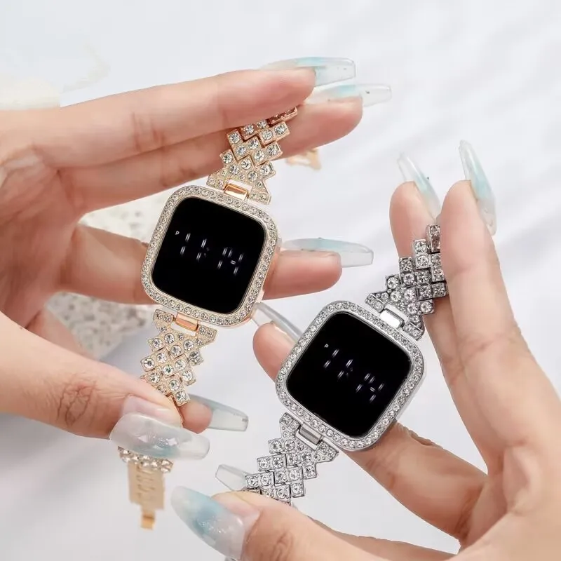 Stylish Women’s Luxury Diamond Watch – Stainless Steel Band LED Touch Electronic Watch