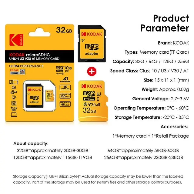 KODAK Micro SD Memory Card 128GB UHS-I U3 V30 A1 - Ultra Performanc