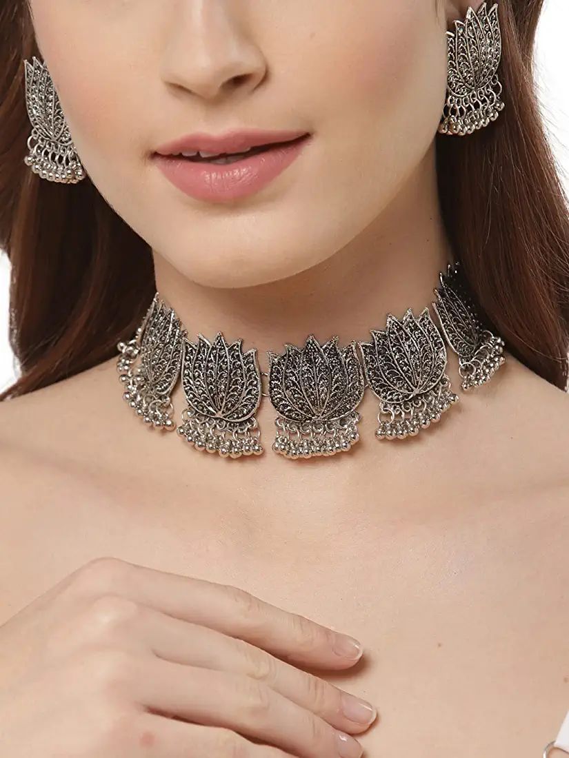 Oxidized Statement Lotus Choker Necklace Set with Earrings Jhumka