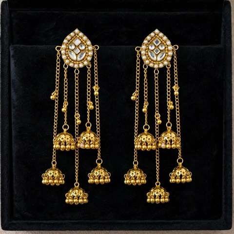 Kashmiri Handmade Kundan Pearl Jhumka Earrings - 5 Layer Tassel Jhumki | Traditional Bridal Earrings for Girls & Women
