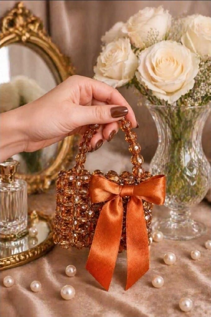 Elegant Mini Handmade Pearl Bag With Ribbon Bow – Versatile Design for Crossbody and Shoulder Carry - Wedding Clutch