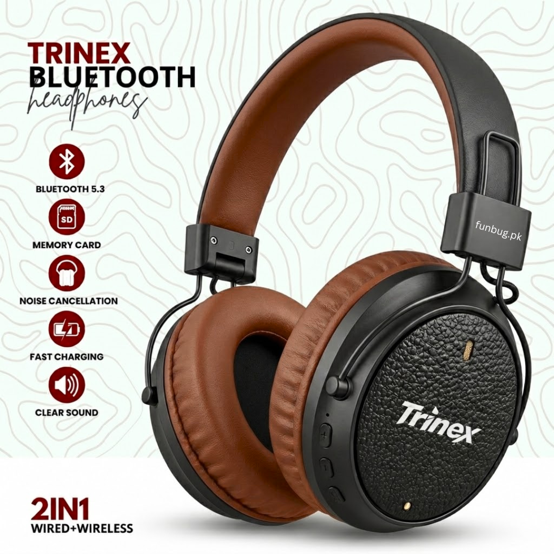 New Foldable Over-Ear Wireless Headset with Bluetooth Connectivity, and Noise Cancelling Microphone for Mobile, PC, Tablet, Laptop - 20 Hours Battery Life - Trinex by FunBug