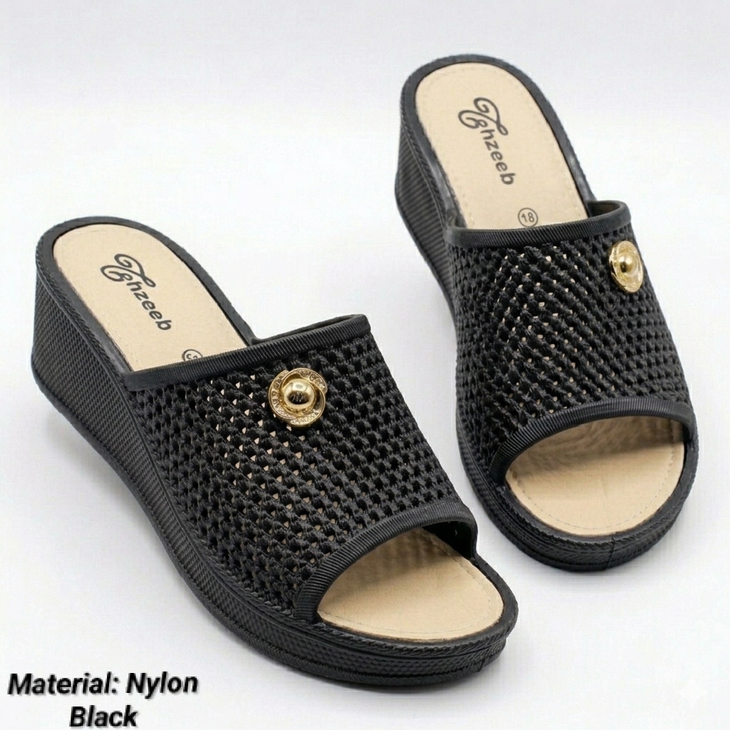 Premium Quality Womens Wedge Heel Slippers Comfortable Slip-On Sandals Stylish Ladies Chappal with Decorative Buckle Durable Nylon Material tahzeeb