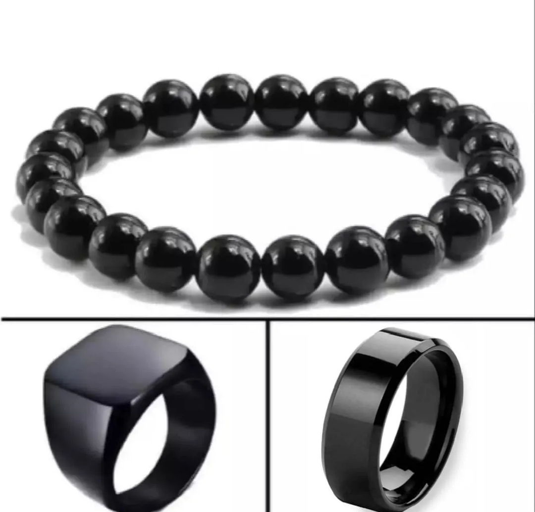 3 Pcs Black Jewelry Set for Men – Premium Black Beaded Stretch Bracelet, Black Stainless Steel Signet Ring & Classic Black Band Ring | Trendy Fashion Accessories Gift Set for Boys & Men