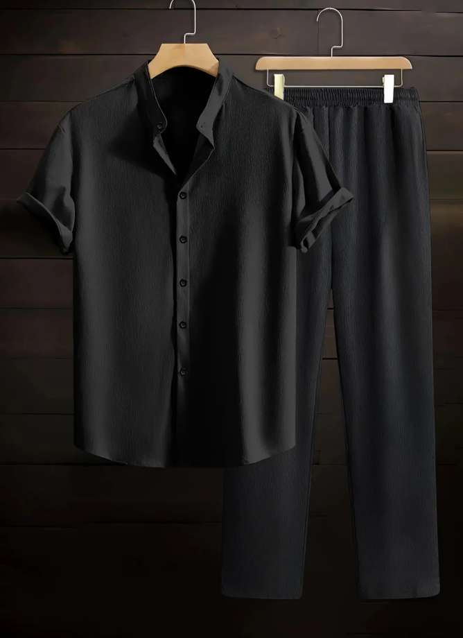 ALPHA MALE|Men's Wide Leg Baggy Trouser & Drop Shoulder Collar Shirt Co-Ord Set Lightweight Summer Oversized Korean Style Outfit | Casual Fashion Two Piece Set for Men