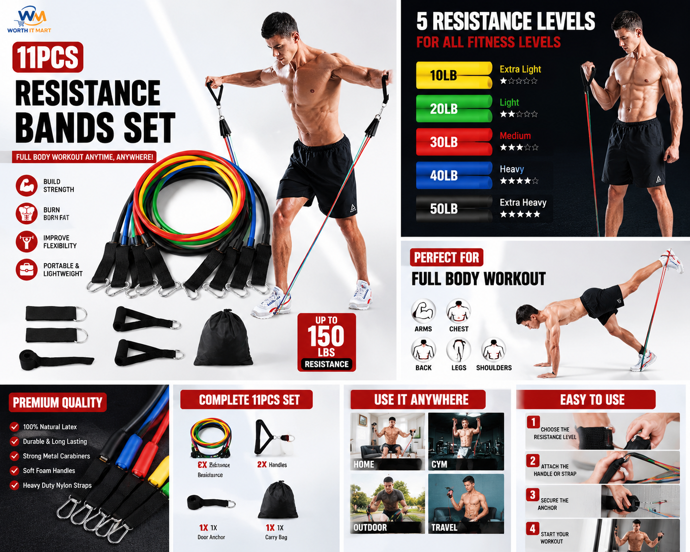 Power Resistance Bands For Workout For Women & Men (11pcs), Exercise Bands For Home And Gym Workouts. Perfect Resistance Band For Exercise And Muscle Building.