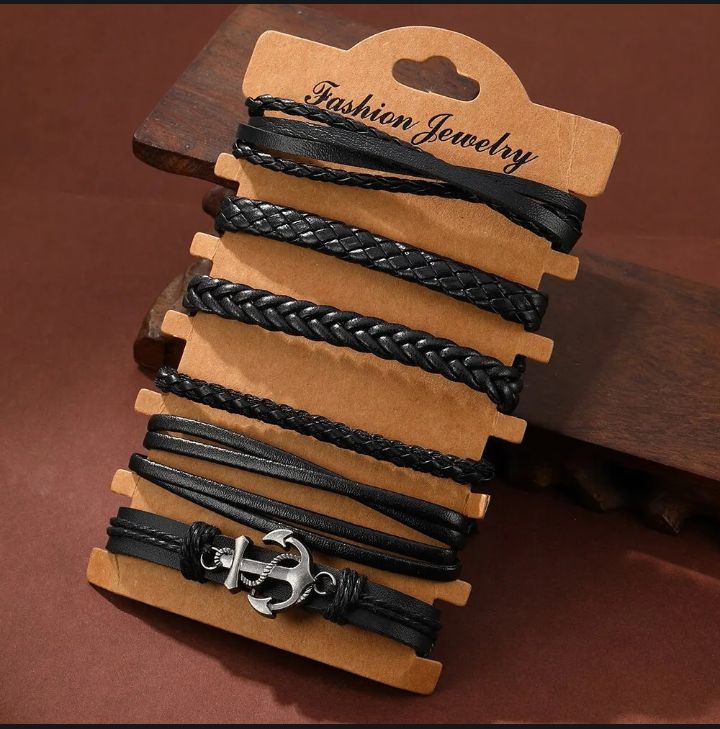 6Pcs Set Men's Vintage Braided Cowhide Bracelet Multi-layer Leather Bracelet For Men's And Boy's