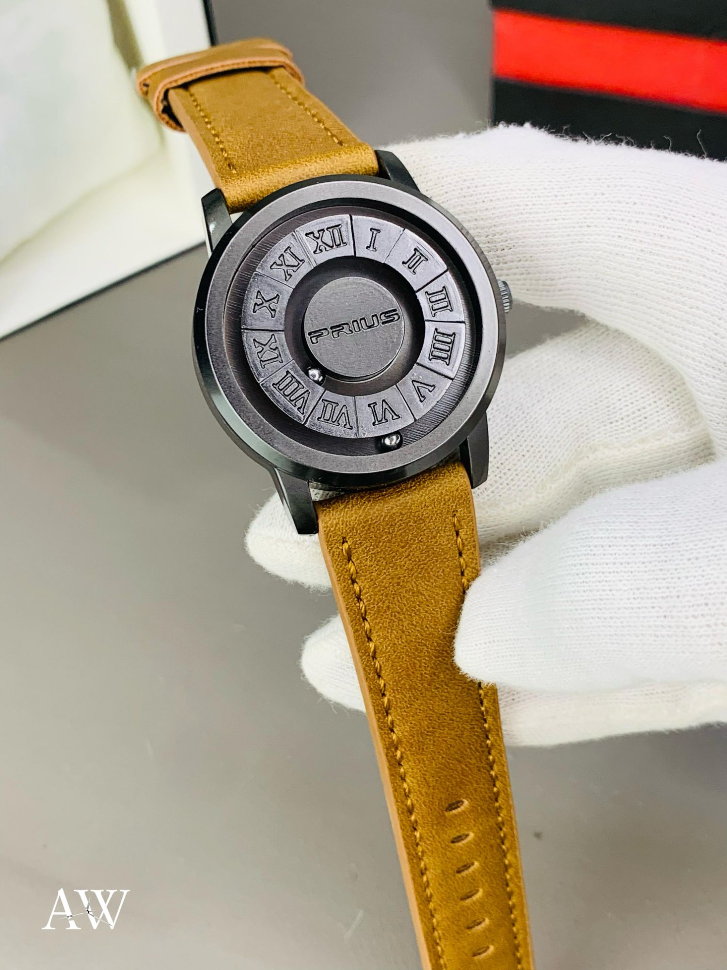 Trend Concept Magnetic Ball Watch Floating Pointer Mirror-less Dial Quartz Analog Watch for Boys/Men Roman Numeral Dial Waterproof Watch Leather Strap