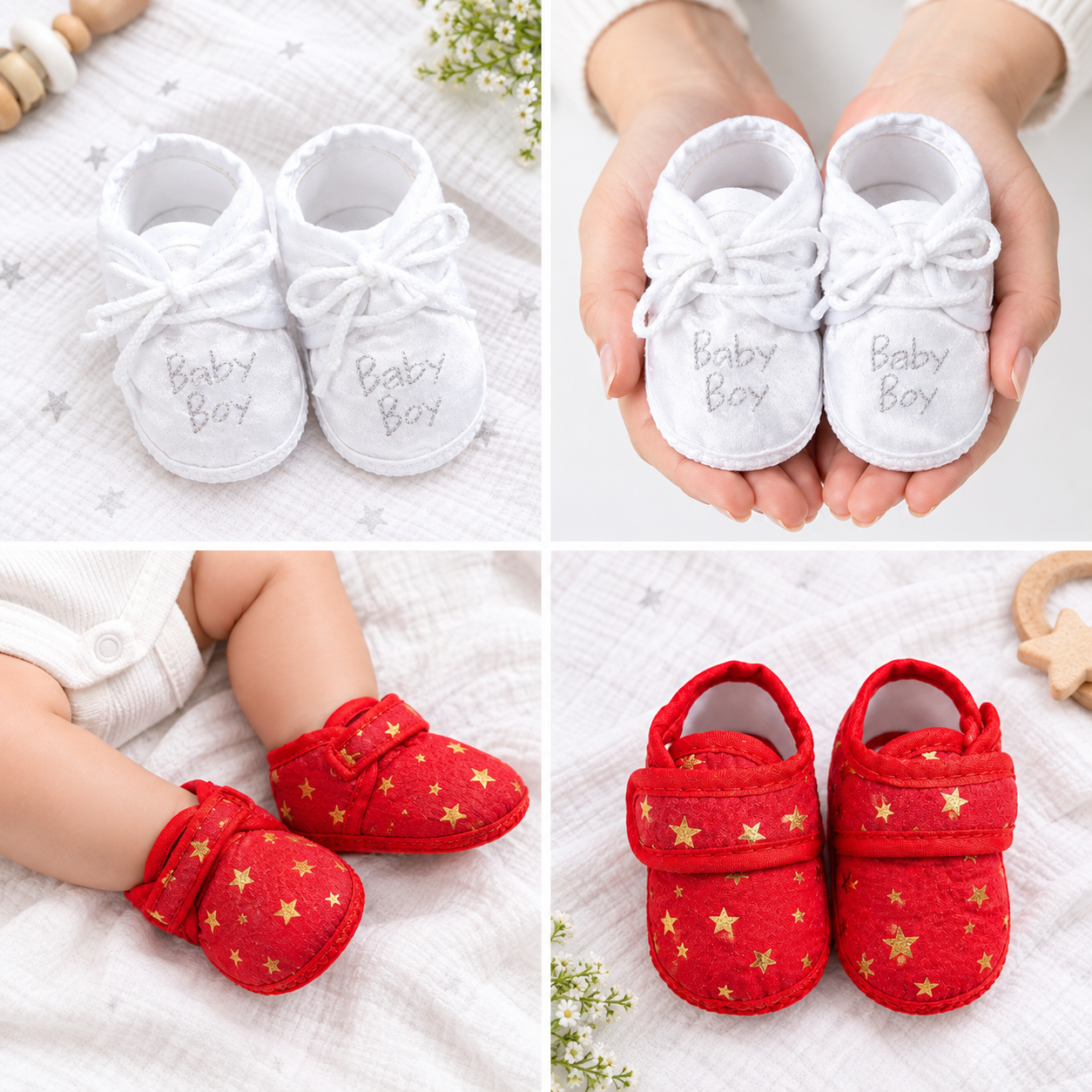 Newborn Baby Booties Set of 2 Pairs | Soft Sole Infant Crib Shoes | Anti Slip Prewalker | Cotton Shoes for Boys & Girls 0-6 Months | Baby Gift Pakistan