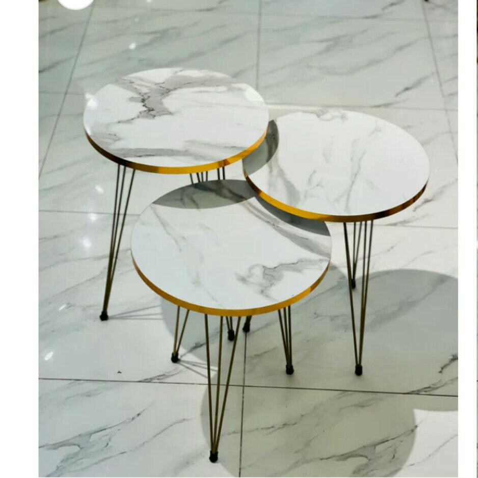 1 PCS - SET OF THREE PCS ROUND MARBLE COFFEE TABLE HIGH GLOSS NESTING- ROUND STACKING COFFEE SIDE TABLES WITH THREE STYLISH METAL LEGS FOR HOME & OFFICE.