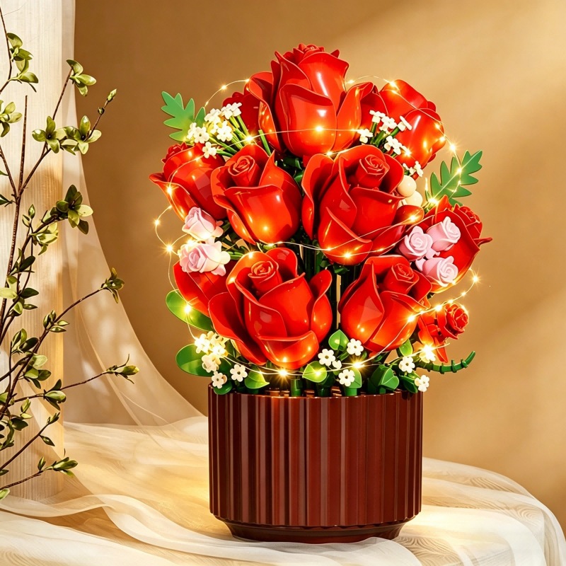 DIY Bouquet of Roses Sunflower Building Block Set Eternal Creative Puzzle Assembly Simulation rose Potted Ornament Home Decor