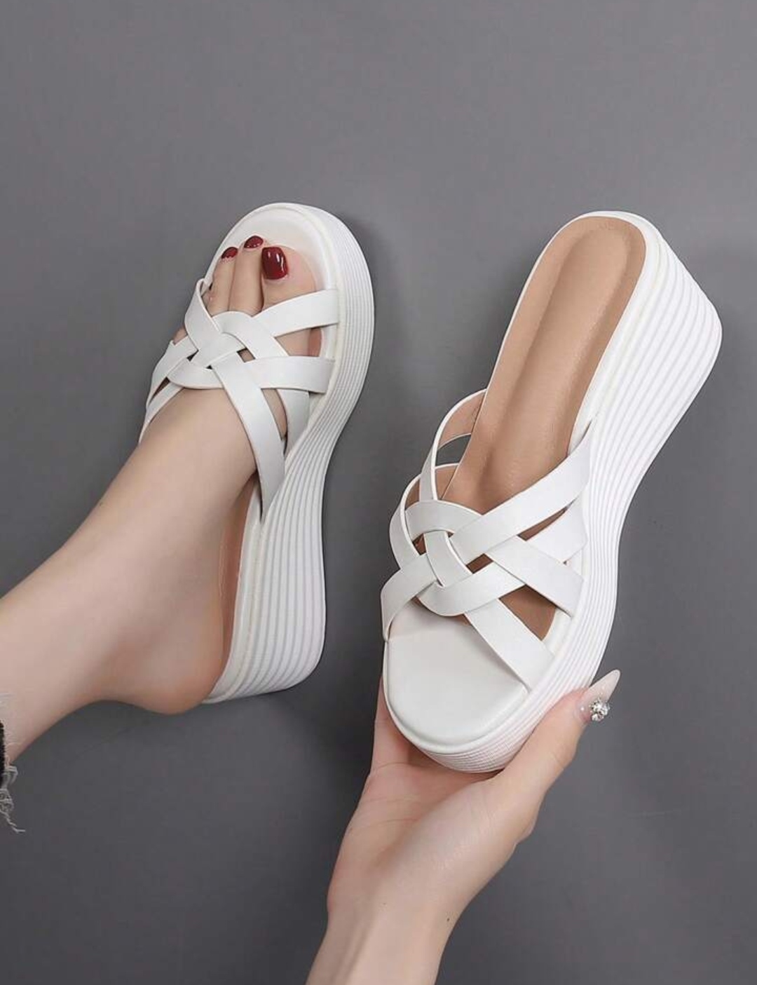 Elegant White Wedge Sandals for Women - Criss-Cross, Soft Leather, Comfortable Platform