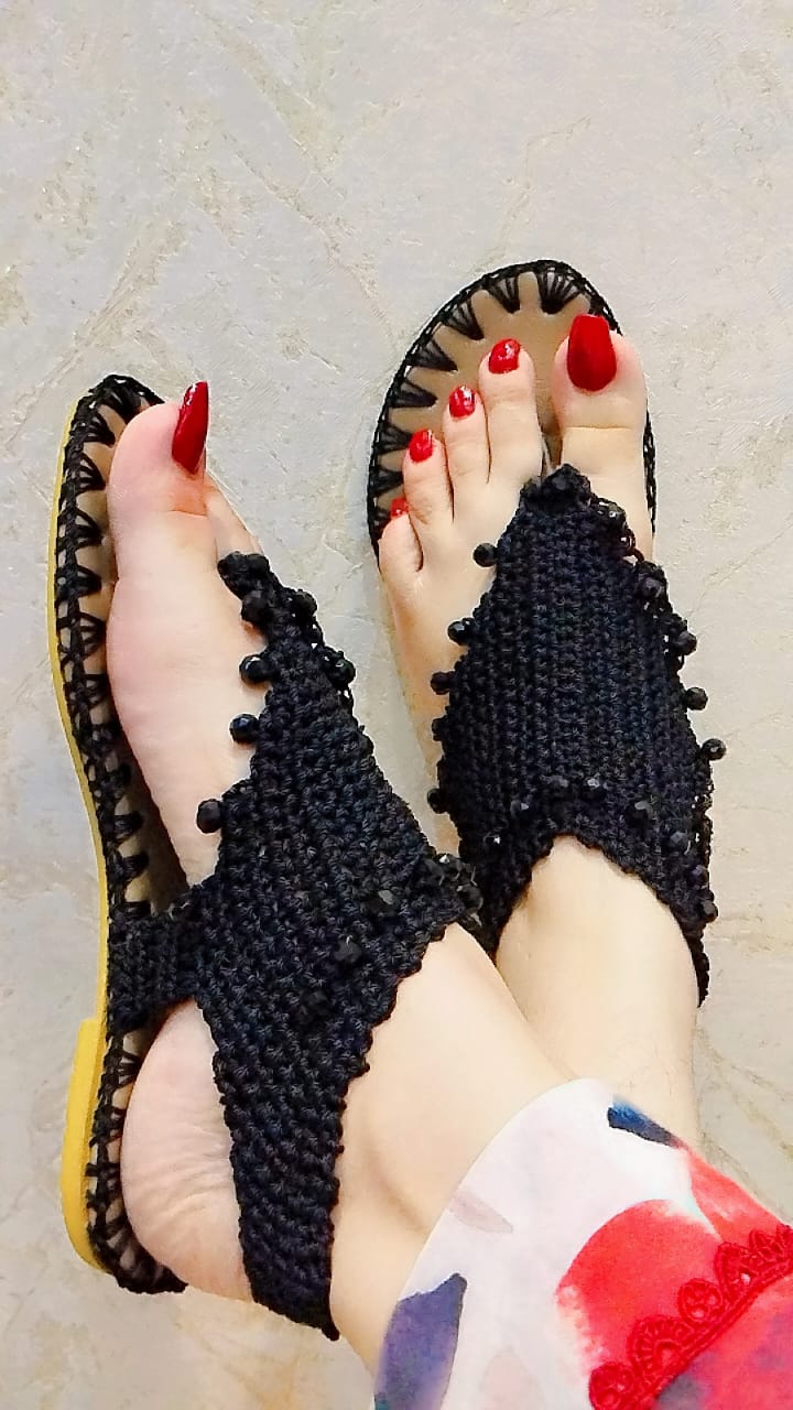 crochet black customized sandals with beads