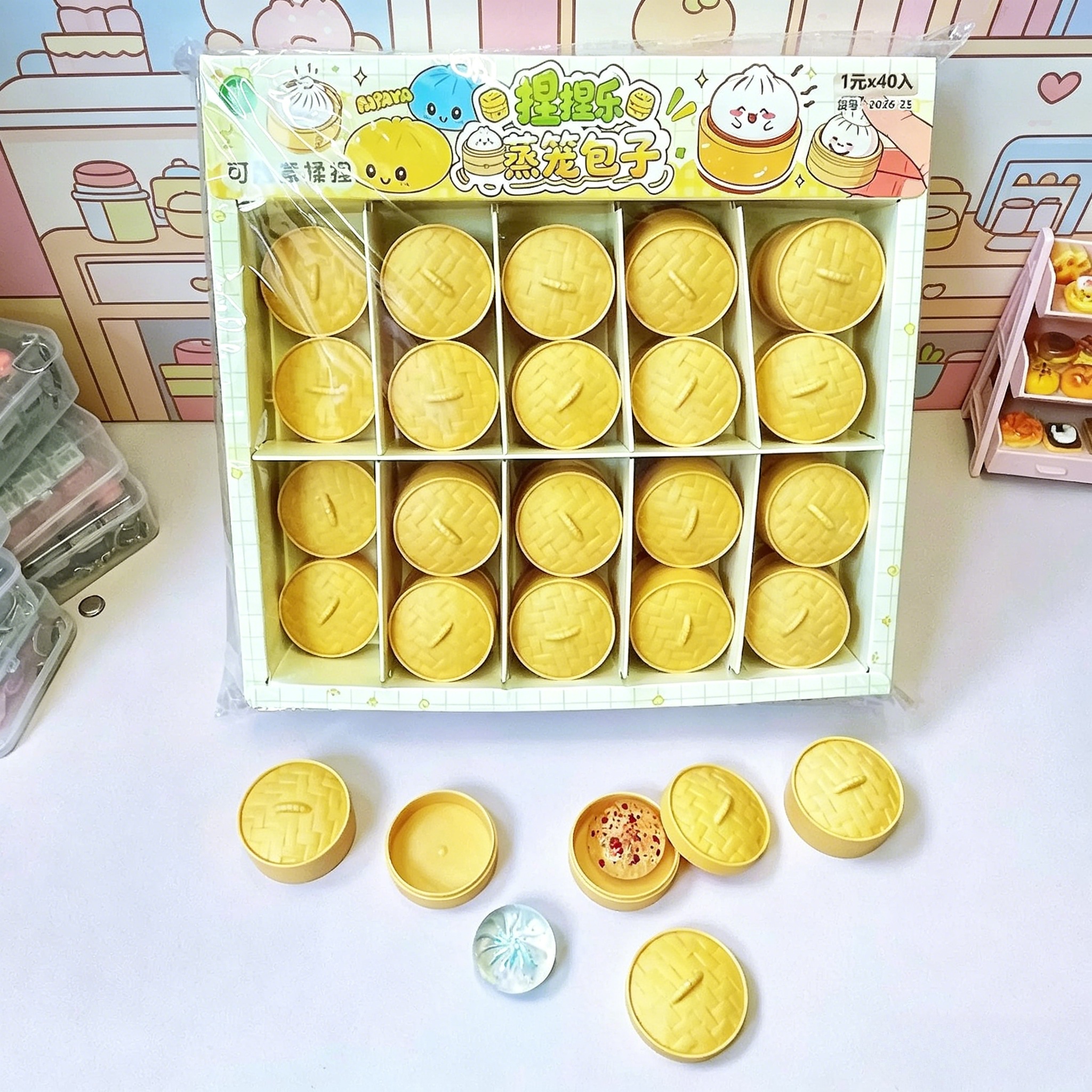 Crystal Mini Dumplings & Steamed Bun Squishy Set with Steamer Soft Squeeze Stress Relief Calming Fidget Toys Party Favors 