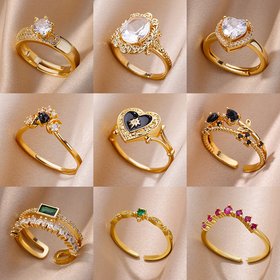 Enamel Heart Stainless Steel Rings for Women Colorful Zircon Opening Adjustable Ring Fashion Aesthetic Jewelry Wedding 