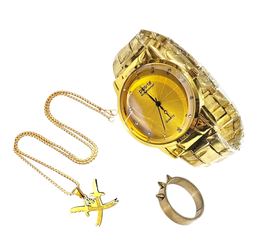 Elegant Gold-Plated Men's Quartz Watch with Islamic Sabre Pendant & Ring - Casual Men's Fashion Gift Set