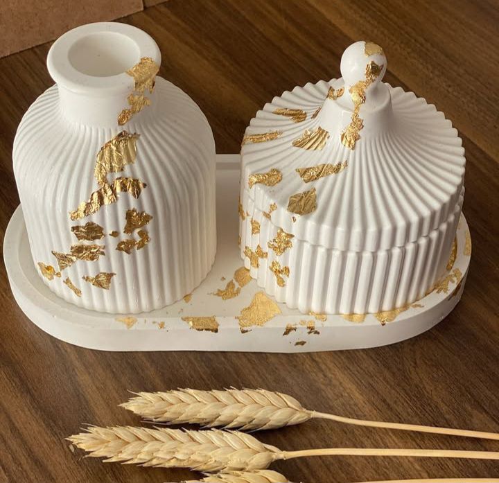 3 Pcs Set of Home Decor  1x Ribbed Concrete Mini Flower Vase, 1x Ribbed Concrete Trinket Jewellery Storage Box & 1x Oval Shaped Concrete Trinket Tray  Storage & Organisation  Decorative Accents  Jewellery Armoires & Boxes  Gift Sets
