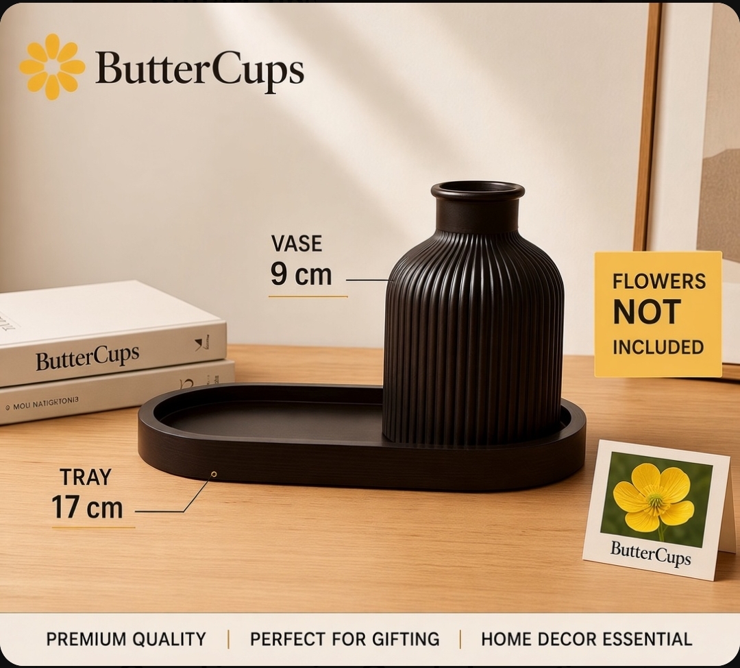 2 Pcs Deal, luxury black vase1x Ribbed Concrete Flower Vase & 1x Oval Shaped Concrete Trinket Tray