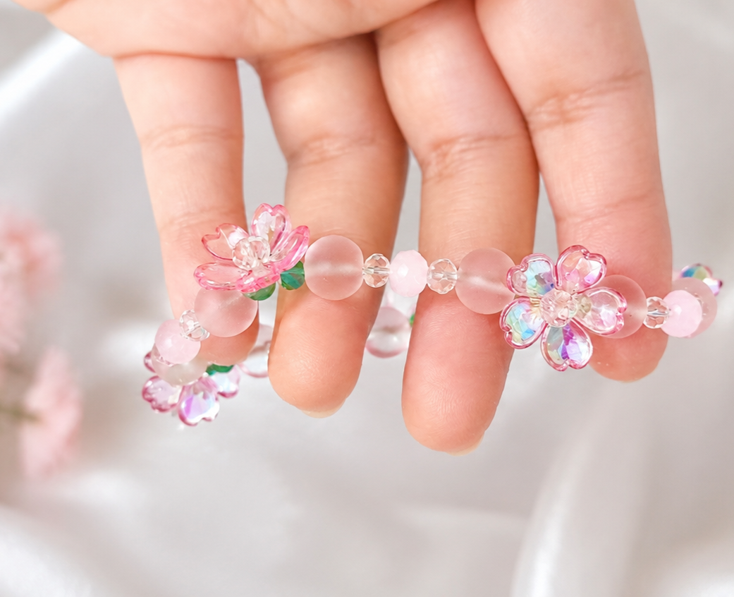 Cherry Blossom Crystal Bracelet for Women & Girls – Frosted Pink Beads & Floral Charm – Aesthetic Fairycore Jewelry –Beadify Studio Handmade Gift