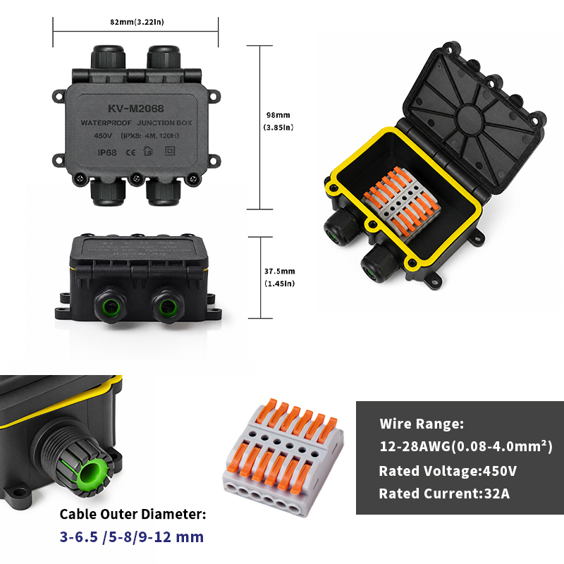 IP68 Waterproof Junction Box 2-8 Way 6 Pole Electrical Wire Connector 32A 450V 0.08-4.0mm² Cable Splice for Outdoor Lighting