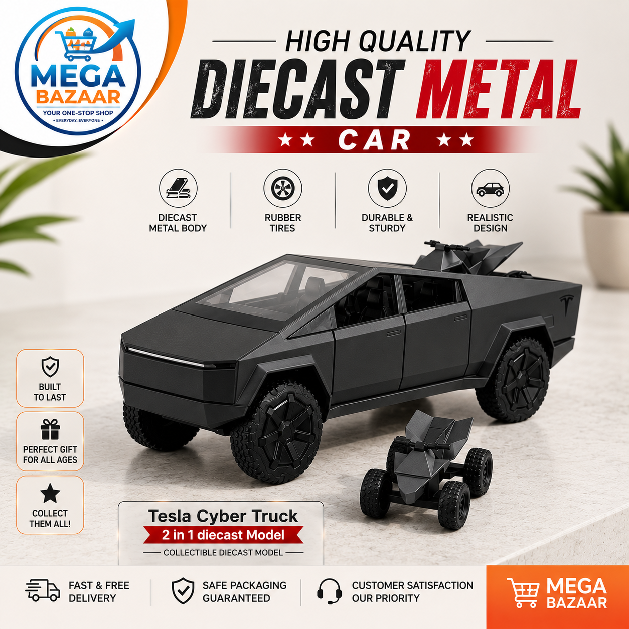 Tesla Cyber Truck Diecast Metal Toy - 2-in-1 Set with Mini Quad Bike ATV - 1:36 Scale Pull Back Action Pickup Truck with Lights, Sound & Openable Doors - Premium Collectible Model for Kids & Adults