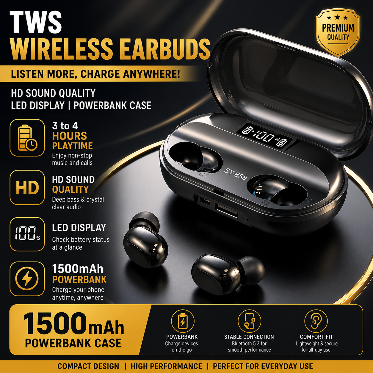 Tws wireless earbuds with mobile power bank|1500Mah power bank with Led Display Bluetooth Headset