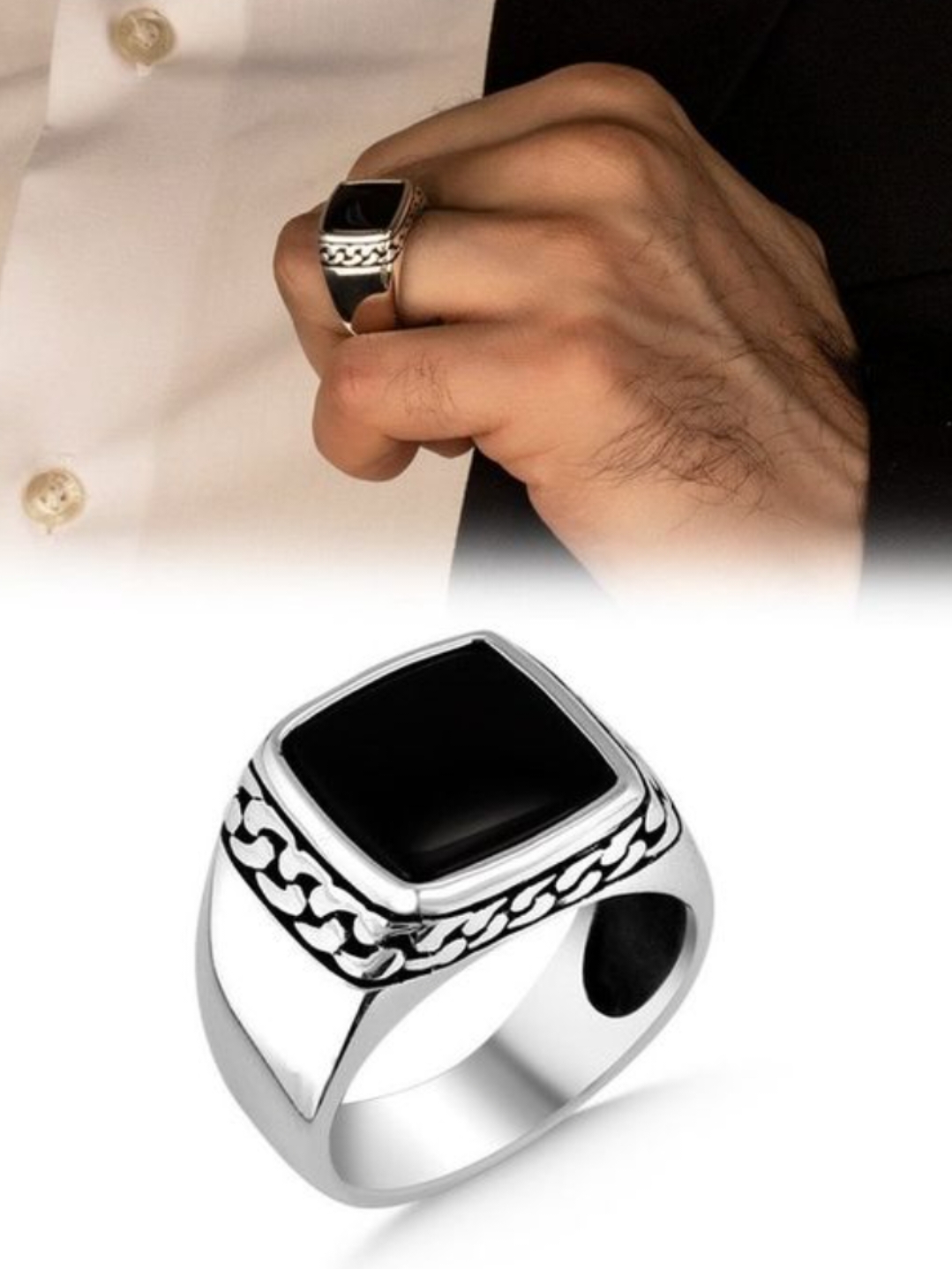 Elegant Onyx/Ruby/Silver Men's Ring with 2-Ton Steel Guard - Premium Fashion Jewelry for Men