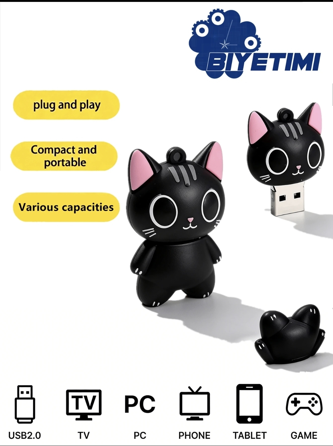 Biyetimi 128GB Cute Black Cat Pattern 2.0 USB Flash Drive