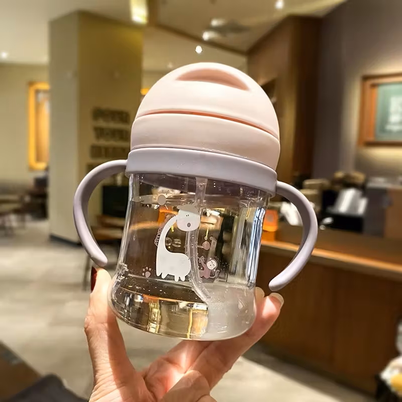 Drinking Cup with Straw, Anti-Choking Handle, Water Bottle, Unbreakable and Leak-Proof, Learning Drinking Cup