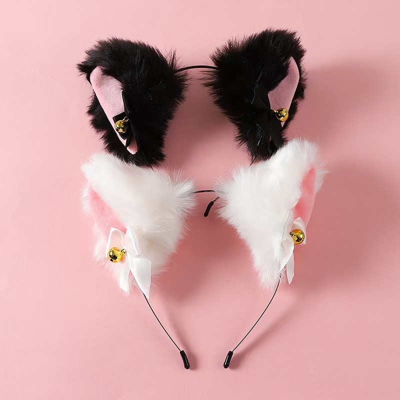  Cat Ears Headband for Women Girls Lace Bow Necklace Plush Bell Hairband Cosplay Masquerade-Party Costume Hair Accessories