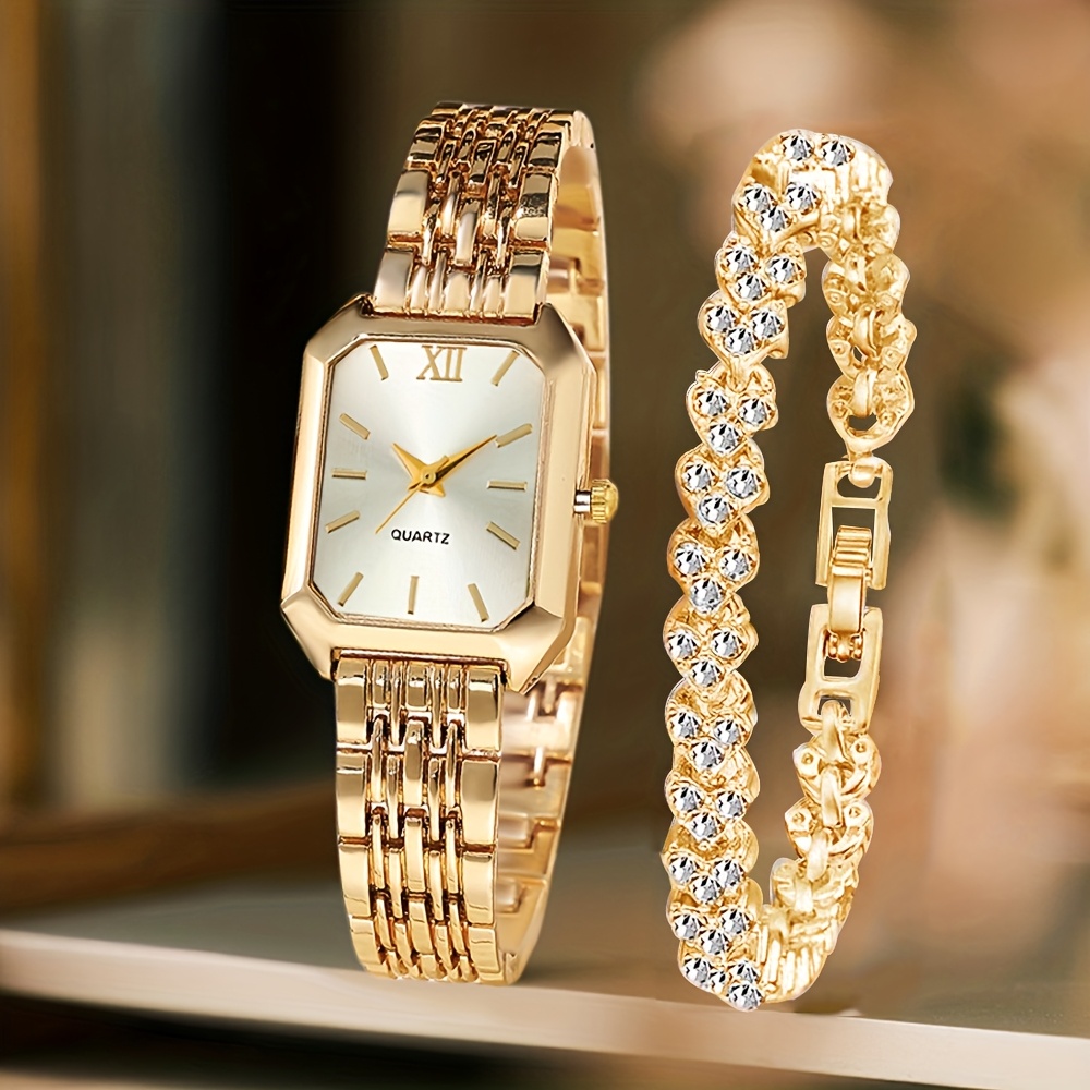 2PCS Fashion Rectangle Women Quartz Watch Rhinestone Bracelet Set Roma Dial Ladies Wristwatches Girls Clock Reloj Mujer