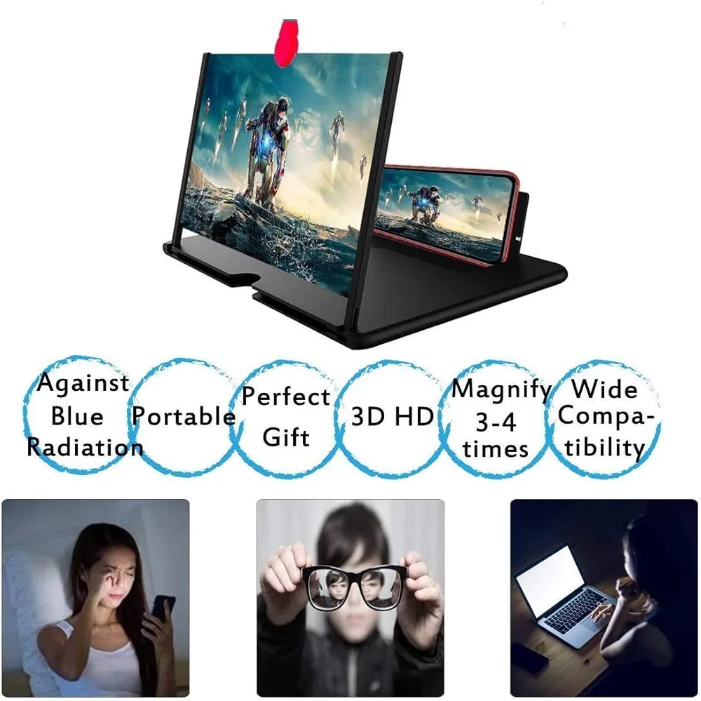 Yilu 12'' Screen Magnifier, 3D Lens Pull-Out Screen Magnifier For Movies, Videos, And Gaming, Mobile Phone Magnifier with Screen Amplifier，Supports All Smartphones