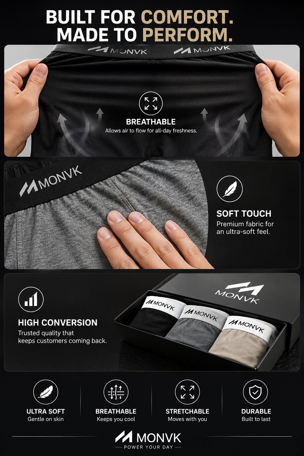 Underwear boxer for Men (pack of 3) with cotton lycra premium quality materials very comfortable wearing through out year breathable and soft fabric