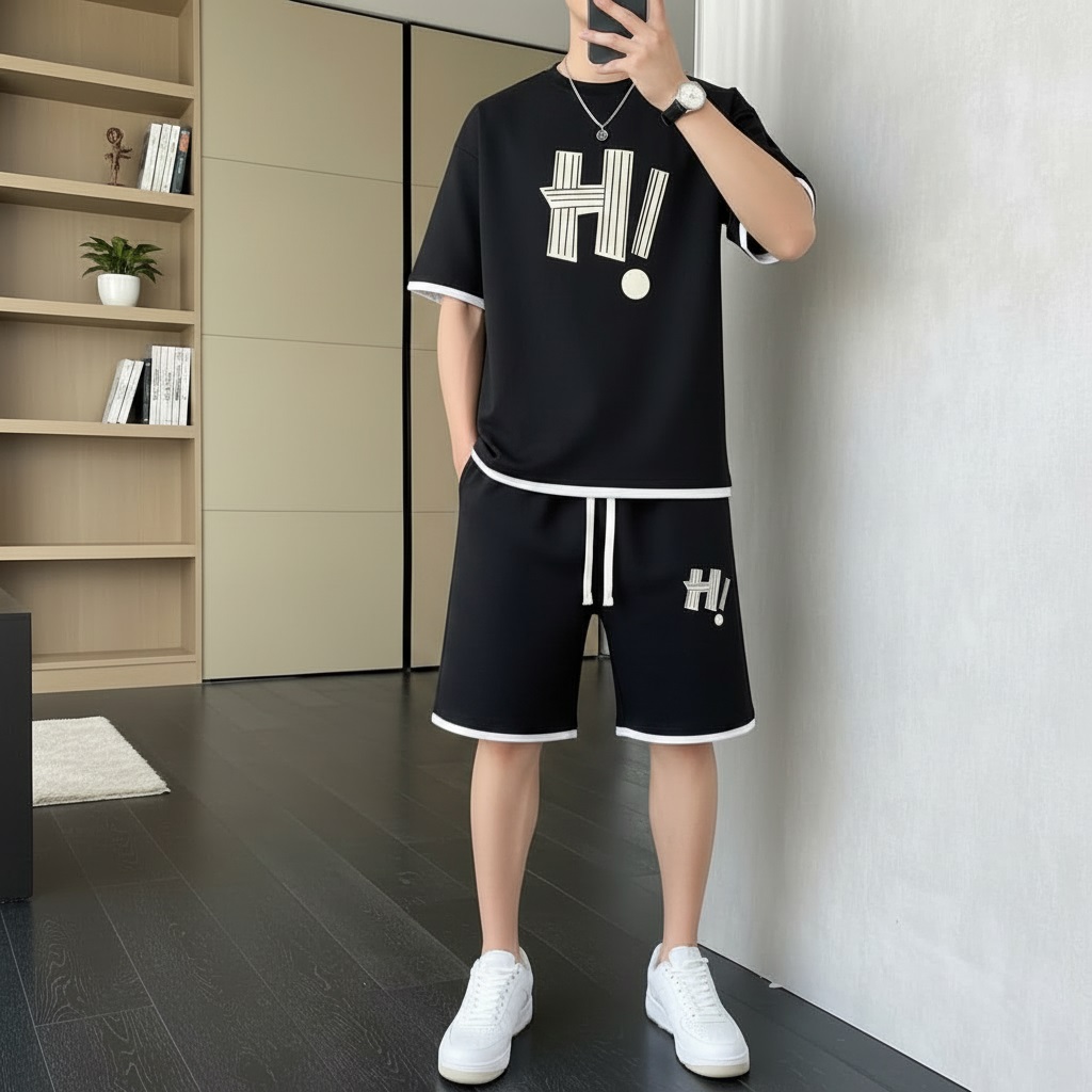 Men's Black Printed Summer Tracksuit Set (T-Shirt & Shorts)