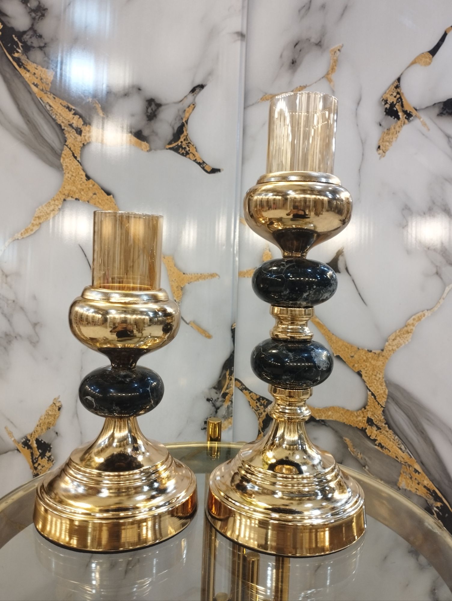 2 Pcs Set - Candle Holder Stand with Glass - Metal Ceramic