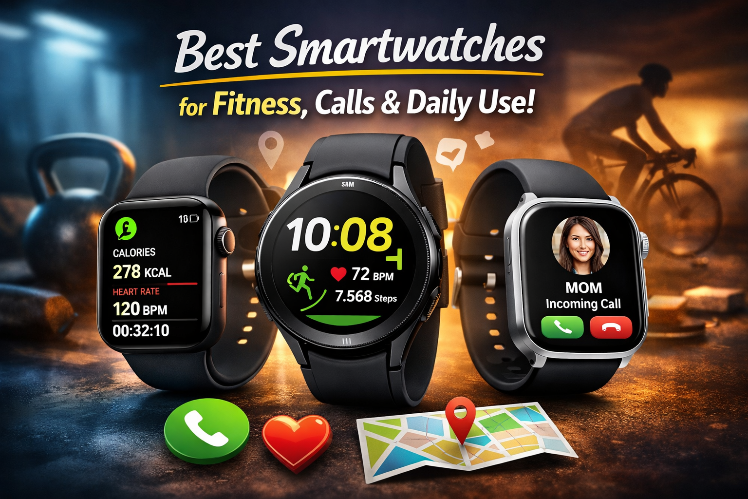 Smartwatch with GPS tracking, heart rate monitor, call notifications and long battery life for fitness and daily activities