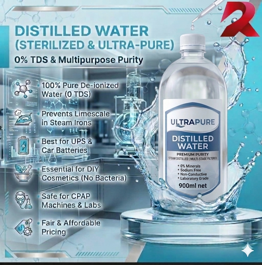UltraPure Distilled Water –900 ml Premium Purity & Laboratory Grade