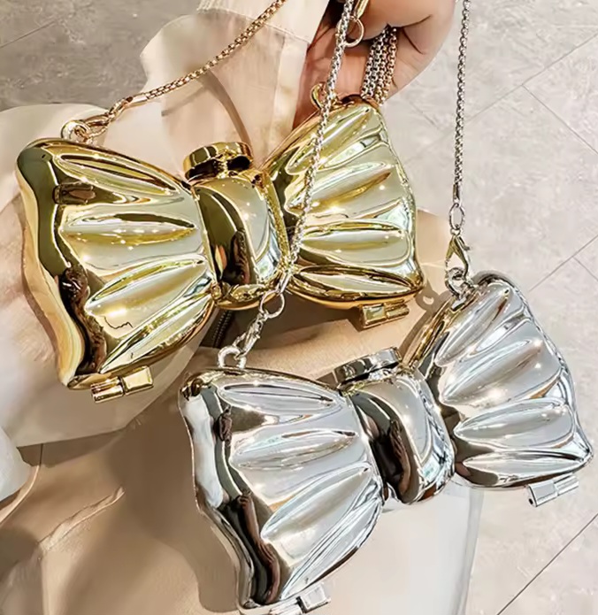 Luxury Designer Mini Bowknot Evening Bag for Women Girls Crossbody Handbag Chain Shoulder Bags Metal Purse for Party Wedding| Golden Evening bag Purses and handbag luxury Designer shoulder bags funny shape Party Wedding Round Acrylic Shiny Clutch purse