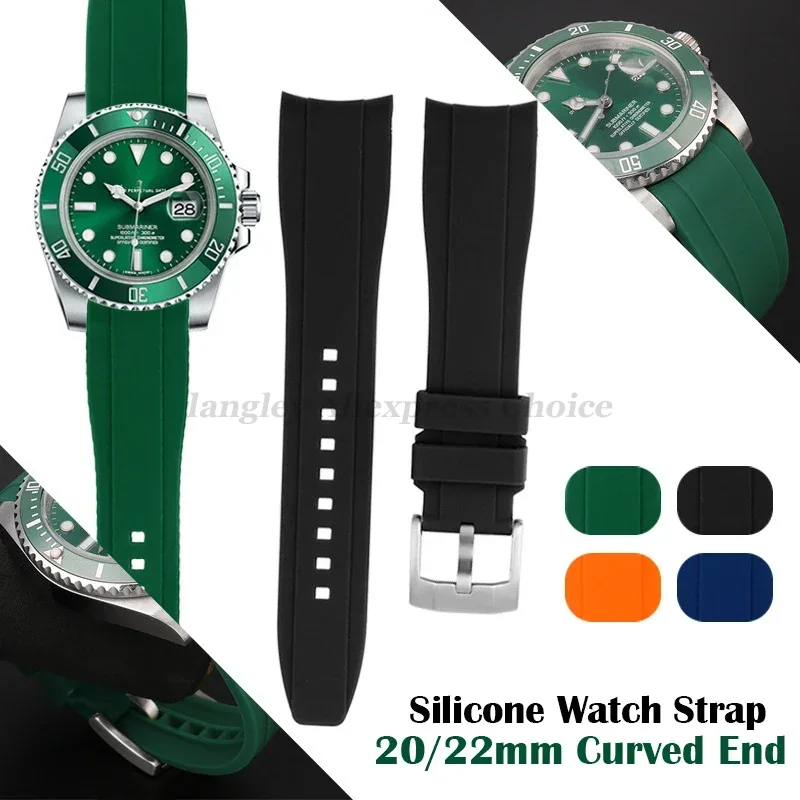 Soft  Watch Strap Curved End 20mm 22mm for  for  Green Water Ghost Silicone Watchband Bracelet Men Sport Band