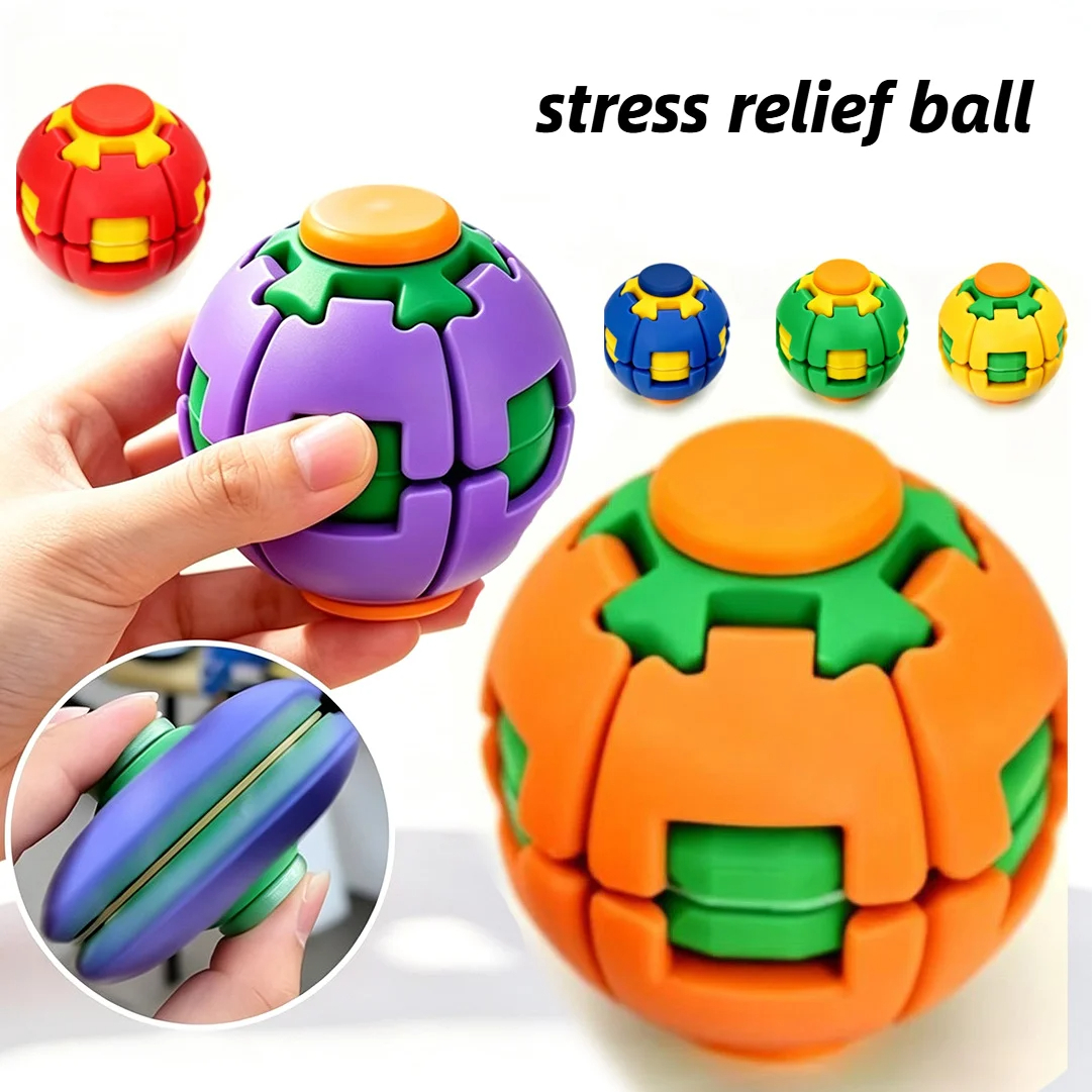 Push to Spin Fidget Stress Ball, 2-in-1 Magical Fidget Spinner Ball, 3D Printed Fidget Toys for Adults, Press-Rotate-Reset Spherical Spinning Top Toys