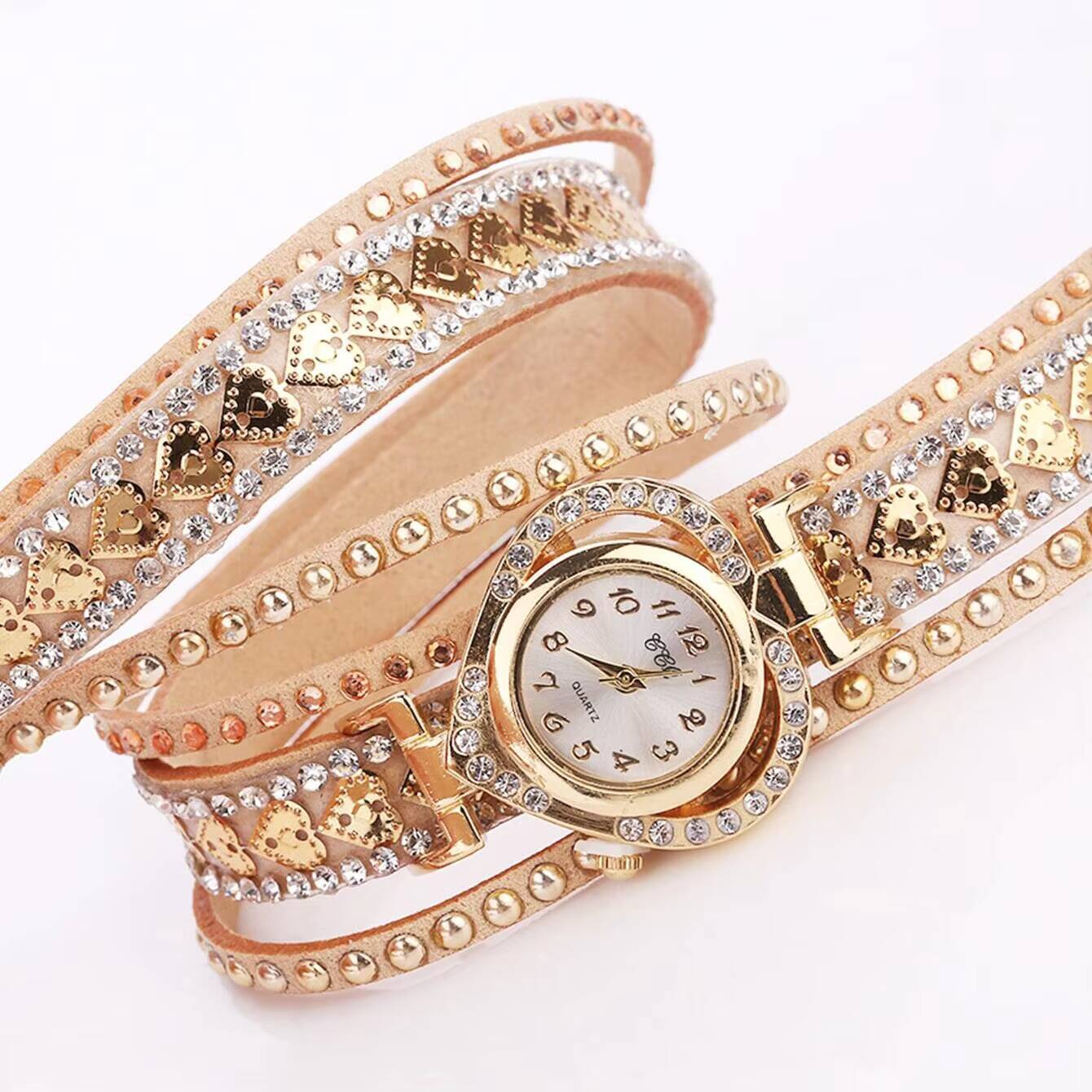 Fashion Rhinestone Heart Dial Women Watches Long Leather Strap Bracelet Wristwatch Reloj Mujer Girls Clock