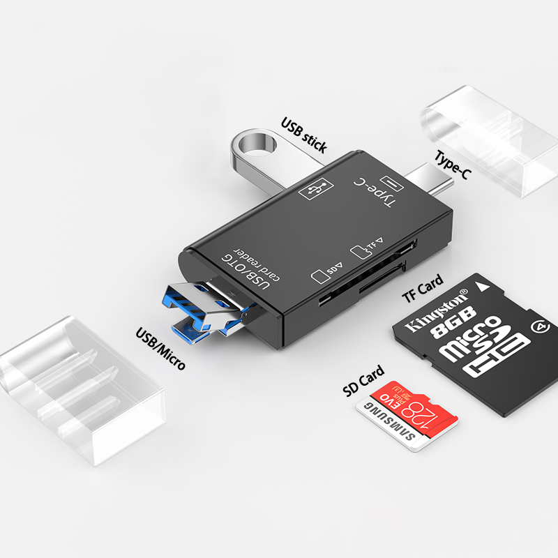 NNBILI 6 in 1 Card Reader OTG Type C Micro SD Card Reader Flash Drive Smart Memory Card Reader USB 2.0 TF CF Cardreader Adapter