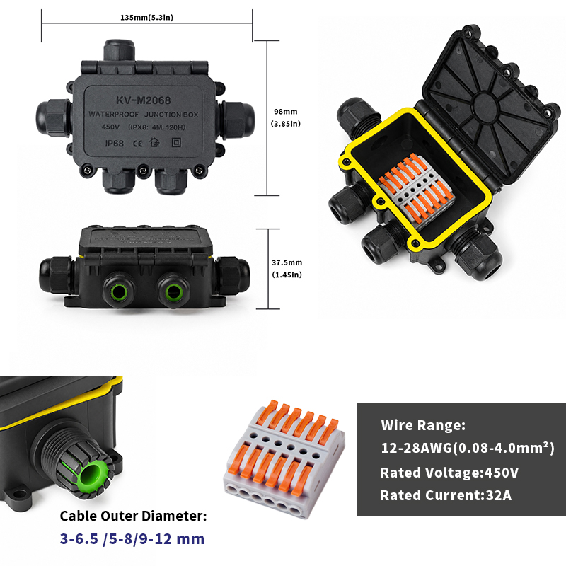 IP68 Waterproof Junction Box 2-8 Way 6 Pole Electrical Wire Connector 32A 450V 0.08-4.0mm² Cable Splice for Outdoor Lighting