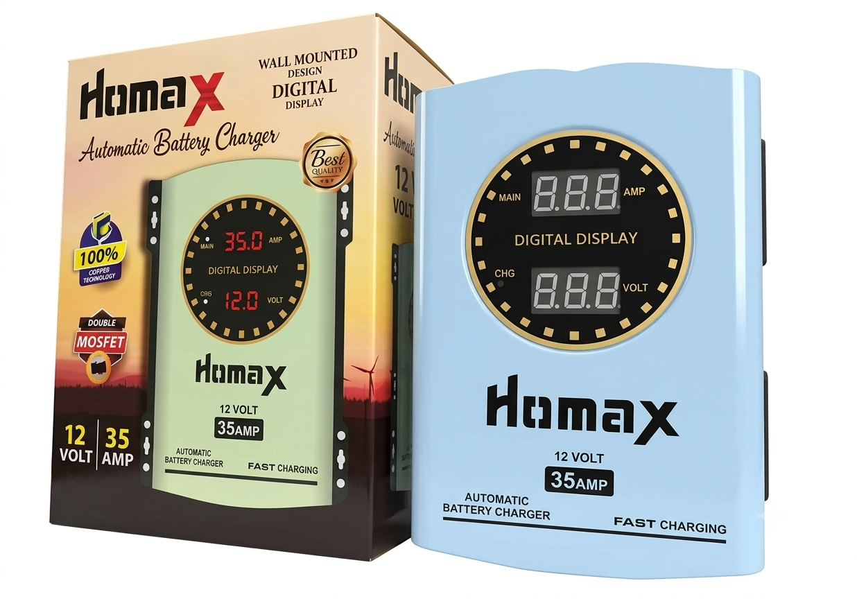 Homax 12V 35A Automatic Battery Charger With Smart Digital Display,  Fast Charger with NEW MOSFET & 100% Copper Technology Suitable for Car, Bike, UPS Lead-Acid Batteries, 35 Amp 12V Faster Series